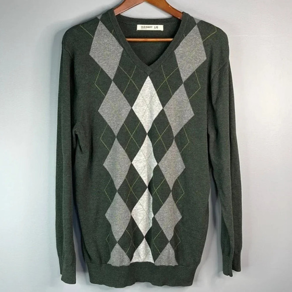 OLD NAVY Mens Argyle Pattern V-Neck Sweater Academia Prep Green Knit Cotton L - Picture 11 of 11